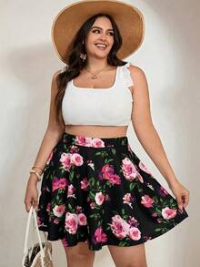 SHEIN Tall CURVE Falda-pantalón con estampado floral bohemio de talla grande para mujer, con bolsillos, para vacaciones - Negro - Ver 3