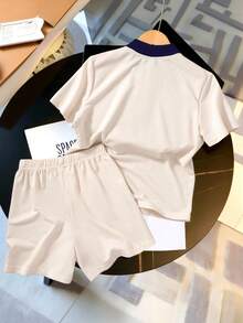 SHEIN 2pcs Girls' Casual Sweatshirt Set,Summer Apricot Short Sleeve Collared Top & Loose Shorts,Navy Blue Contrast Ribbed School Back-To-School Outfit - Apricot - View 2