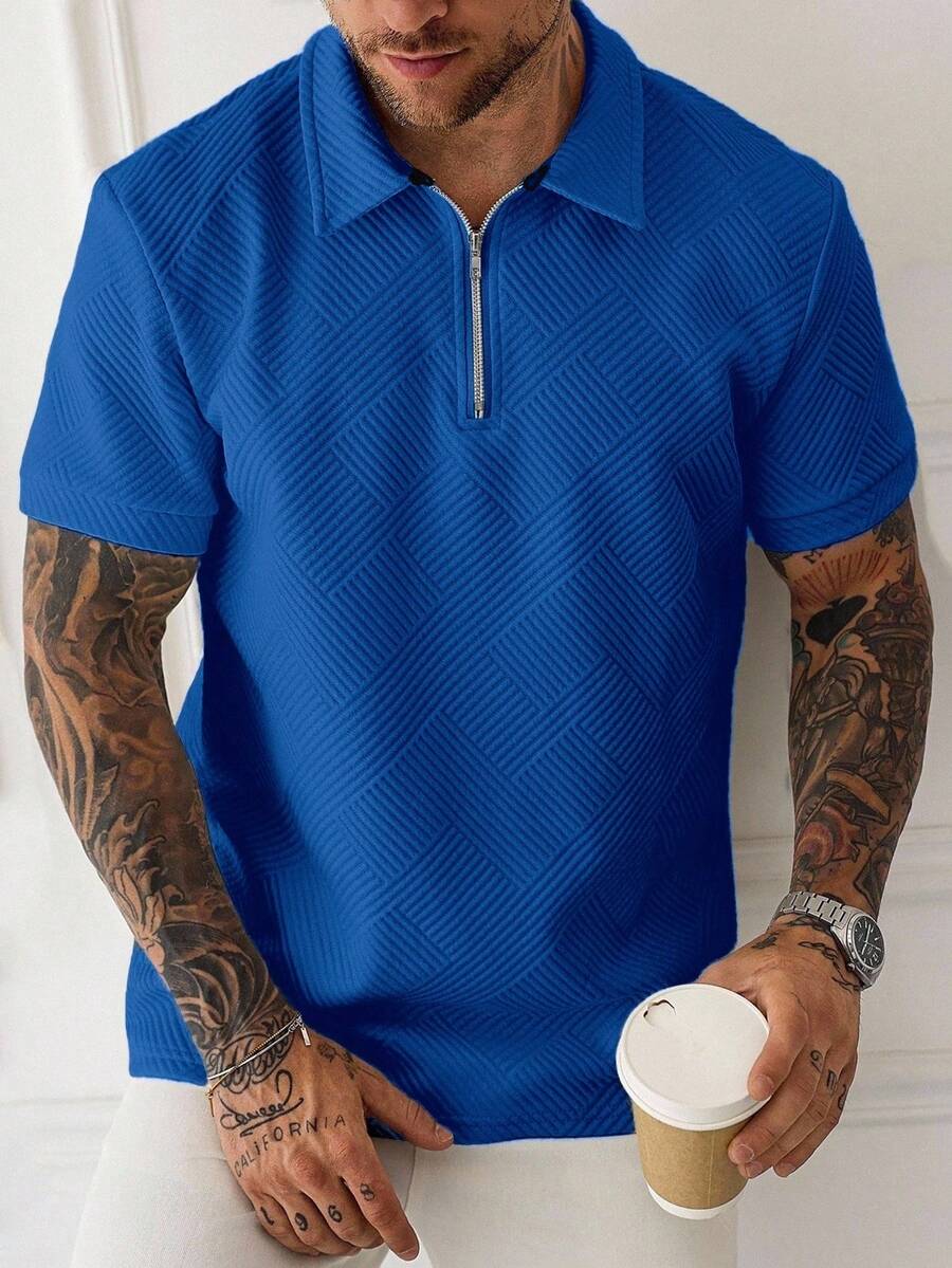 Manfinity Homme 男士純色短袖休閒通勤 Polo 衫，藍色拉鍊紋理襯衫 - 寶藍色 - 查看 1