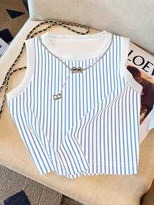 SHEIN 女士休闲基础款紧身蓝白竖条纹背心 - 彩色 - 查看 4