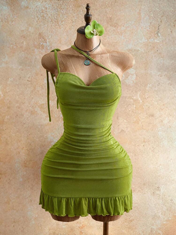 Mistrie Women's Sexy Drawstring Detail Mini Bodycon Dress, Summer Fashion Green Halter Cami Mini Dress With Tie Back For Party Nights,For Women,Club Outfits Women Sexy - Olive Green - View 5