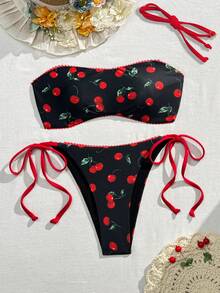 Swim Mod Women's Summer Swimsuit, Black Base With Red Cherry Print, Tie-Front Bikini, Solid Black Lining, Adjustable Red Straps, Retro Sweet Girl Vacation Swimwear - Multicolor - View 3