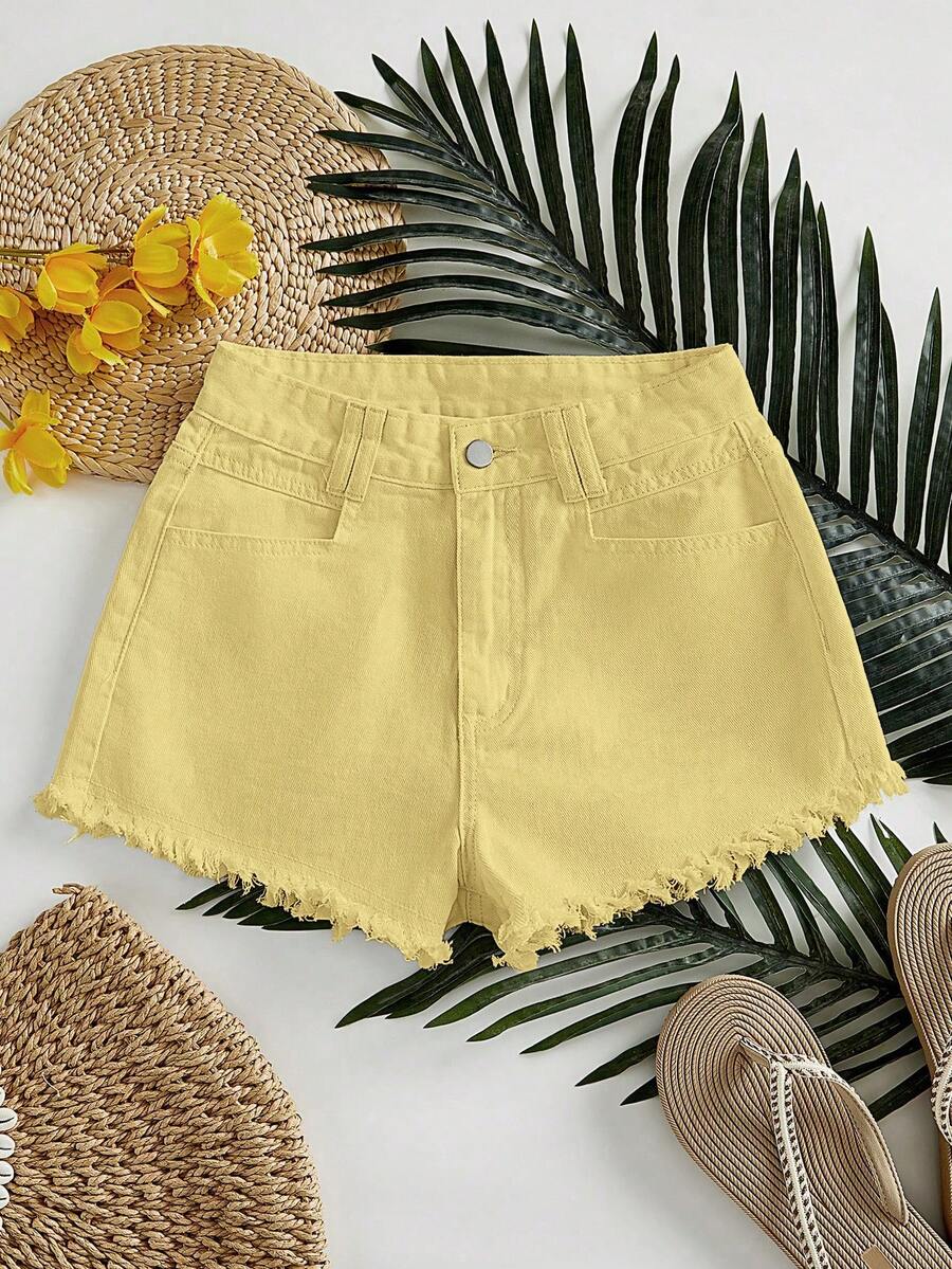 Rivivi Quần short denim nữ dáng casual, gấu quần rách, có túi. - Màu vàng - Xem 1