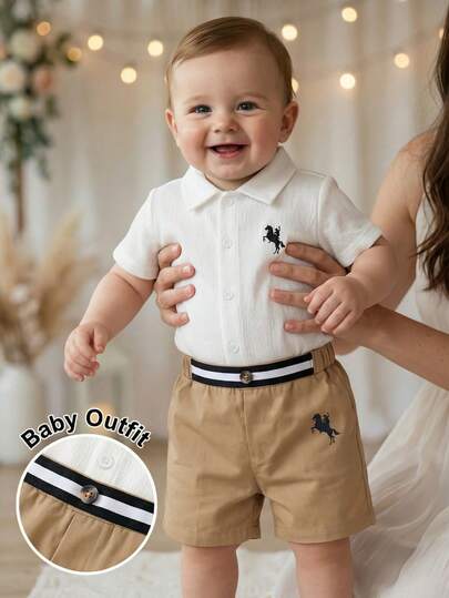 Souflis Souflis 2pcs/Set Toddler Infant Baby Boy Gentleman Outfit, Simple Style White Shirt With Embroidered Horse & Khaki Shorts, Suitable For Outdoor, School, Vacation, Home, Sports, Baby Boy Outfit Baby Boy Shirt And Short Set Boy Shirt Set Boy Summer Outfit Set Baby Boy Summer Outfits Baby Boy Sets For Wedding, Baby Shower, Christening And 1st Birthday Celebration,Festival Gift Sthings For Baby
