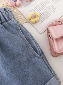 Quần short denim thường ngày cho bé gái, chất liệu nhẹ, kiểu dáng mới cho mùa hè, màu xanh nhạt, phong cách đường phố thoải mái, cạp chun co giãn, gấu quần xắn, chất vải cotton mềm mại, phù hợp cho mặc hàng ngày, dự tiệc, đi học, đi làm, bộ sưu tập mới Xuân/Hè 2026. - Rửa trung bình - Xem 8