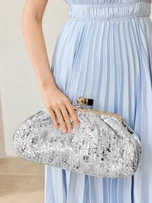 MOTF PREMIUM FASHION PLEATED SEQUINED CLIP CLUTCH BAG, EXQUISITE PARTY PARTY DINNER BAG - Silver - View 7