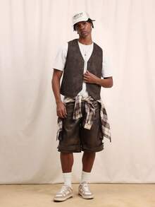 SUMWON 男士无袖纽扣马甲休闲叠穿马甲经典V领常规版型正式商务秋冬风格外套 - 棕色 - 查看 6