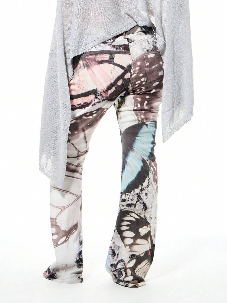 SUMWON WOMEN Calça Denim Flare Cintura Baixa Estampa de Borboleta Vintage para Mulheres, Perna Larga Boca de Sino, Calça Casual Estilo Boho Festival Retro Y2K