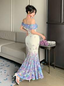 DAZY 女士优雅性感休闲长款印花露肩短袖连衣裙，夏季 - 綠色 - 查看 6