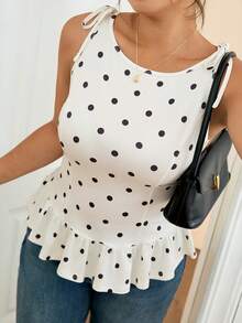Lounesse 大码女式黑色波点系带肩部设计休闲T恤，修身下摆宽松版型，日常百搭上衣 - 黑與白 - 查看 3