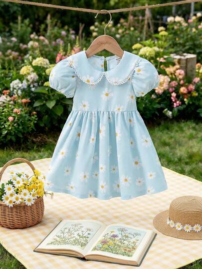 Souflis Souflis French Style New Baby Girls Daisy Floral Print Dress, Sweet Peter Pan Collar Princess Dress With Puff Sleeves, Casual & Fashionable, Suitable For Play, School And Various Occasions