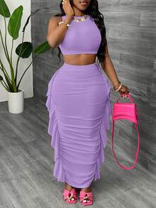 Slaydiva 夏季度假沙滩派对圆领无袖露背可调节腰带露脐上衣和荷叶边长裙两件套，纯色针织女装 - 紫色 - 查看 6
