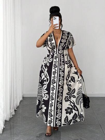 Maweii Plus Size Women's Summer Casual Vacation Commute Comfortable Printed Backless Deep Shirred Puff Sleeve Cinched Waist A-Line Dress