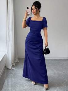 SHEIN Elenzya 方领收腰优雅浪漫精致女式连衣裙，短袖 - 寶藍色 - 查看 5