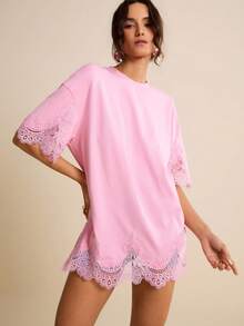 LOTSLUV Camiseta rosa holgada y casual de mujer con aplicación de encaje, para primavera/verano - Rosa - Ver 1