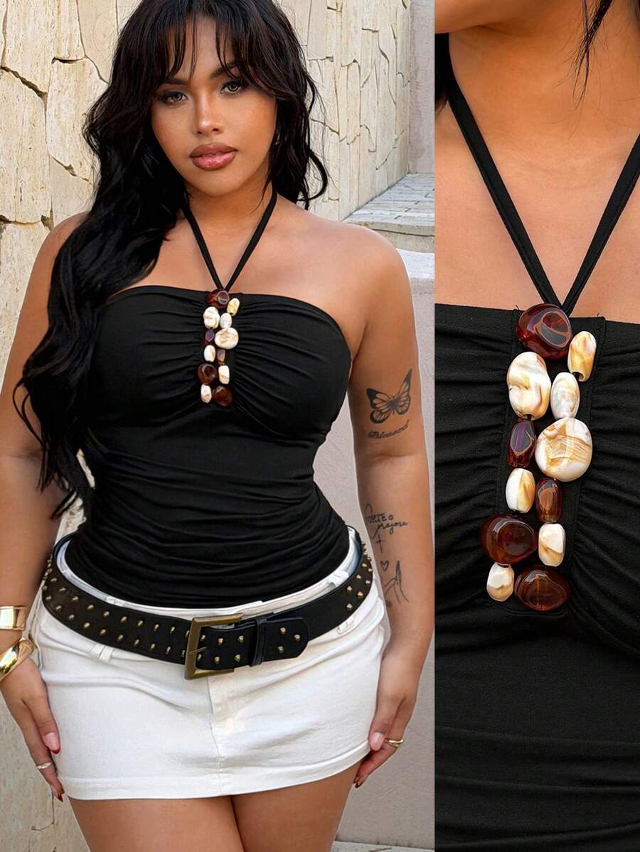 Rustia Top de cami elegante, vintage y lindo con cuentas en talla grande, decoración de cuentas 3D hecha a mano, adecuado para vacaciones, fiestas, color negro - Negro - Ver 1