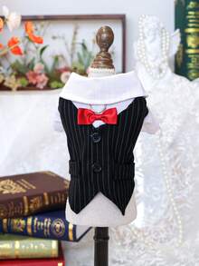 PETSIN 1pc Pet Tailcoat Vest, Cat And Dog Wear Universal Clothes, Red Tie With Traction D-Buckle Striped Suit Dress - Black and White - View 4