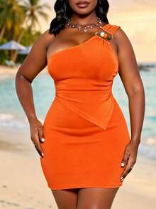 INAWLY Plus Size Women's Summer Burnt Orange Short Dress,Off Shoulder Beach Vacation Holiday Outfit,Elegant Party Graduation Resort Wear,Ladies Formal - Orange - View 3