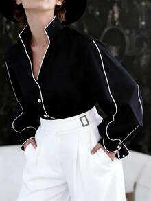 Airaco Camisa casual suelta de mujer con un solo abotonado y elegante ribete - Negro - Ver 5