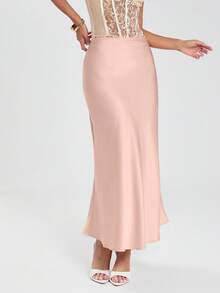 Glamine Women's Satin Skirt, Versatile Fish Tail Hem Skirt, Daily Wear, Brown Skirt Elegant Skirt Silk Skirt Midi Skirt Long Skirt For Women Elegant Formal Long Skirt Satin Women's Skirts Satin Long Skirt Peach Long Skirt Skirts For Formal Wear Elegant Formal Skirt - Coral Pink - View 6