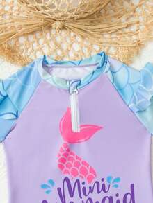 2 piezas Conjunto de traje de baño tipo tankini con estampado de sirena para niñas, lindo traje de baño para vacaciones en la playa - Morado - Ver 4