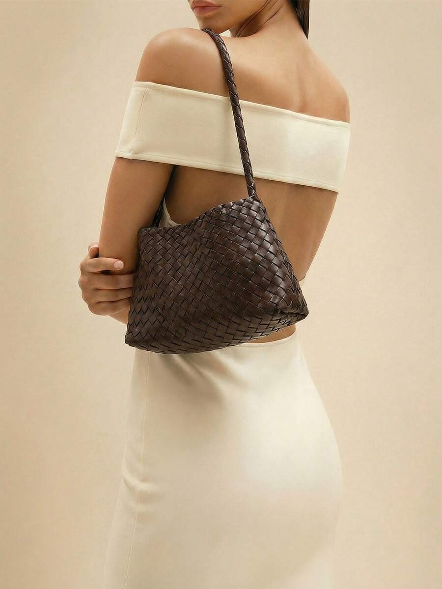 Glamine 2026新款咖啡色纯手工编织包 度假风单肩包、腋下包、母婴包、手提包 商务女士休闲时尚日常通勤包，适合工作、购物、约会、旅行、大学生、女士包、日常使用（不含配件）