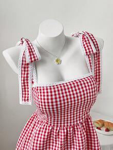 Sweetra Red Plaid Lace Trim Camisole Top, Sexy Cropped Fitted Tank Top For Women, Summer - Red - View 1