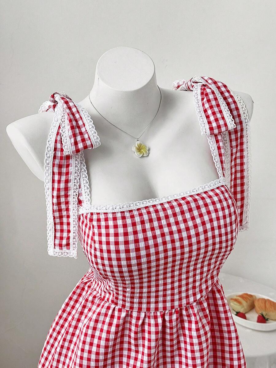 Sweetra Red Plaid Lace Trim Camisole Top, Sexy Cropped Fitted Tank Top For Women, Summer - Red - View 1