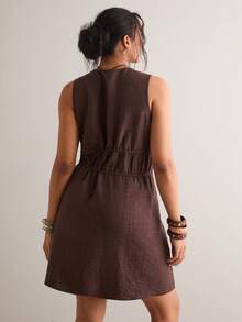 Freevana Đầm ngắn dáng empire, chất liệu vải lanh, cỡ lớn, cổ chữ V sâu, thắt nơ đôi phía trước, thích hợp mặc đi biển mùa hè, nghỉ mát, du lịch. - Cà phê nâu - Xem 2