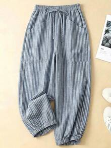 SHEIN LUNE CURVE Plus Size Retro Striped Casual Jogger Pants - Blue - View 1