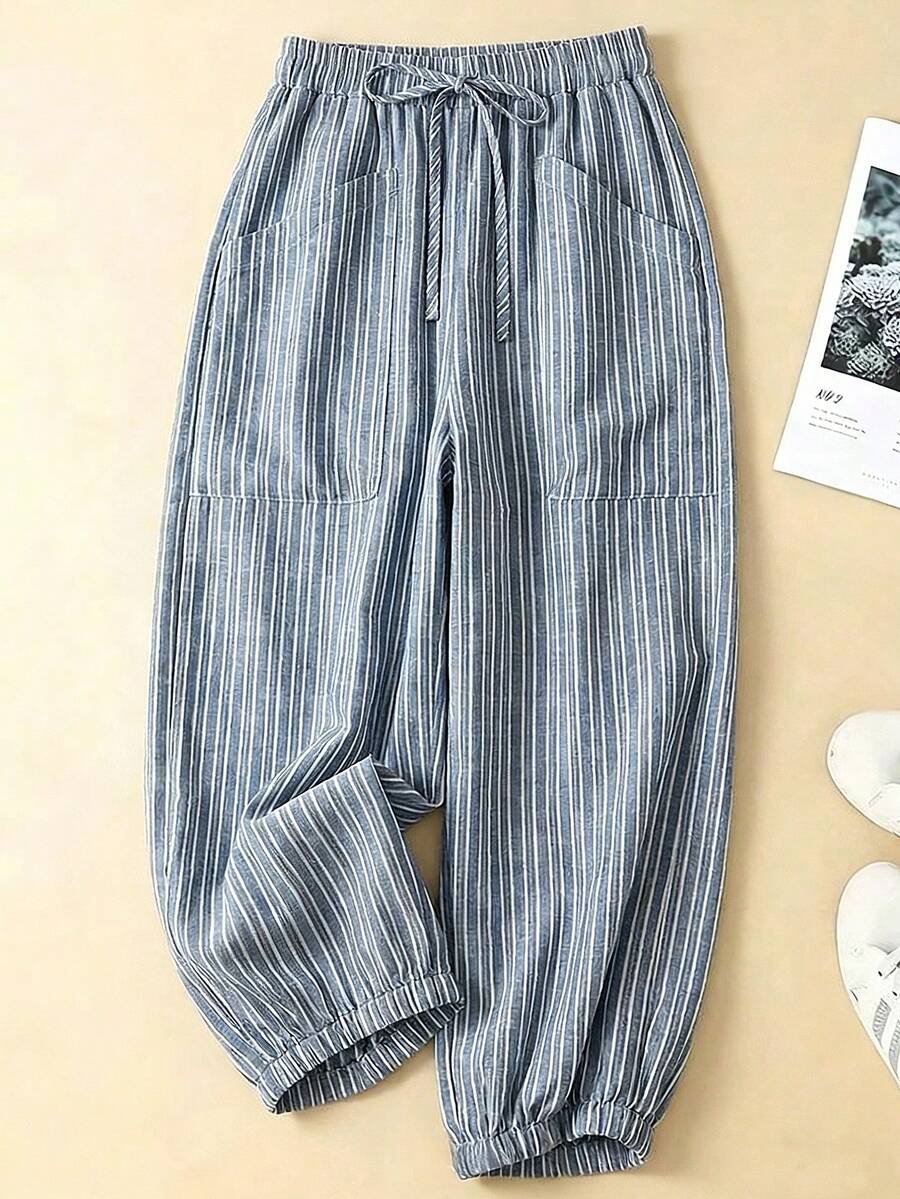 SHEIN LUNE CURVE Plus Size Retro Striped Casual Jogger Pants - Blue - View 1