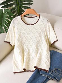 CosyJoli Plus Size Elegant French Casual Hollow-Out Knit Lightweight Color Block Pullover Top For Women - Apricot - View 3