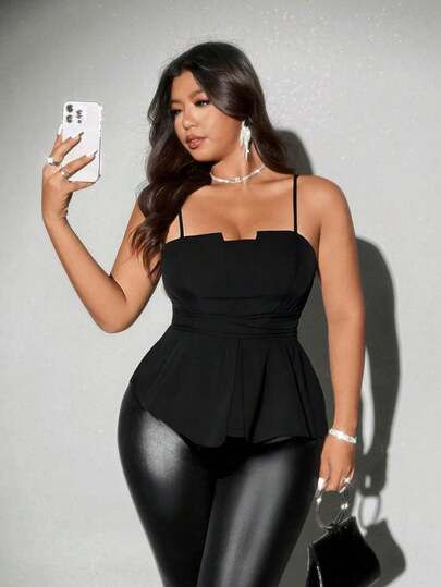 Viva Relle Plus Size Women Solid Color Elegant Commuter Belted Camisole Top, Suitable For Outings, Dates