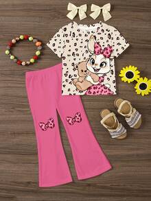 Young Girl Cartoon Print Short Sleeve T-Shirt And Flare Pants 2-Piece Set,Casual Leopard Rabbit Graphic Light Pink Summer Outfit For School & Sports - Multicolor - View 2
