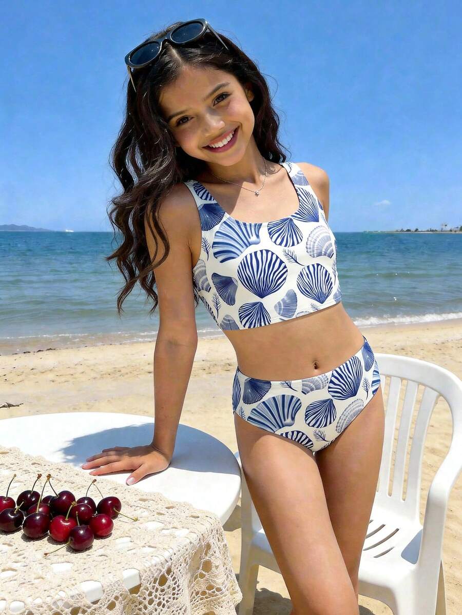 Tween Girl Shell Print Bikini And Triangle Panty Casual Minimalist Set, Suitable For Summer Vacation And Beach - Multicolor - View 1