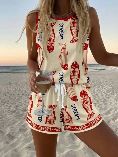 SHEIN LUNE Damen Lässig Rundhals Tanktop und Shorts 2-teiliges Set, geeignet für den Sommer