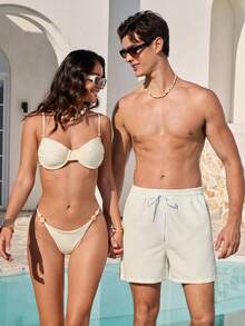 Manfinity VDAYZ Men's Simple Solid Color Drawstring Waist Beach Shorts, Summer Bathing Suits Matching For Him And Her Couple Bathing Shorts Beachwear Matching Couple Vacation - Apricot - View 3