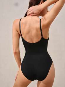 Veilyse 1pc Women's Minimalist Slimming Jumpsuit, Slim Waistline, Korean Style, Suitable As Layering Piece For Carnival Outfits, Tummy Control Bodysuitsfor Summer - Black - View 3