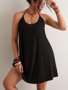 Freevana 大码女士纯色露背休闲吊带连衣裙 - 黑色 - 查看 3
