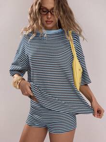 SHEIN BAE Women's Striped Casual Versatile Daily Wear Shorts - Blue - View 7