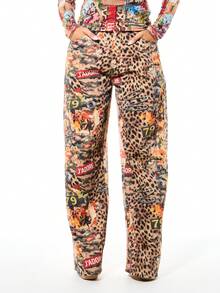 SUMWON WOMEN Women Mixed Animal Print Wide Leg Jeans With Collage Graphics Text And Pin Details - Multicolor - View 5