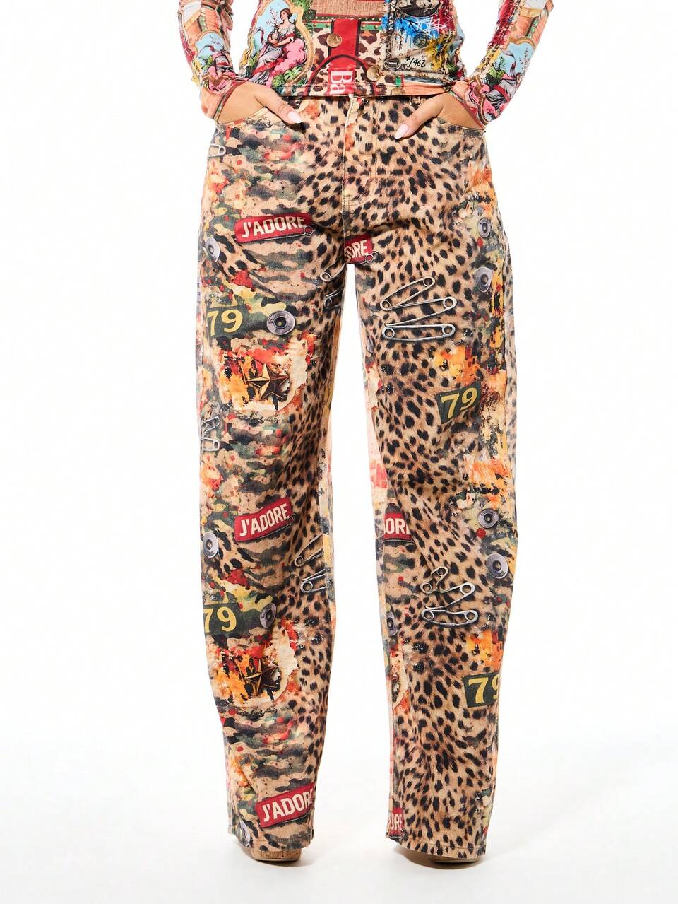 SUMWON WOMEN Women Mixed Animal Print Wide Leg Jeans With Collage Graphics Text And Pin Details
