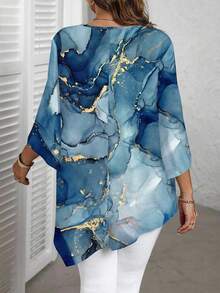 EMERY ROSE Casual Ink Marble Texture Pattern Round Neck Long Sleeve Plus Size Shirt, Suitable For Spring And Autumn - Multicolor - View 2