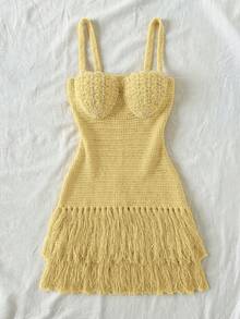 Soleia Shell-Shaped Bustier Tassel Hem Spaghetti Strap Bodycon Mini Dress, Bohemian, Boho, Vacation, Suitable For Valentine's Day Date, Spring/Summer - Light Yellow - View 4