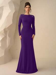 Coutiva Women's Beaded Backless Mermaid Formal Evening Gown (Heavily Embellished) - Purple - View 6