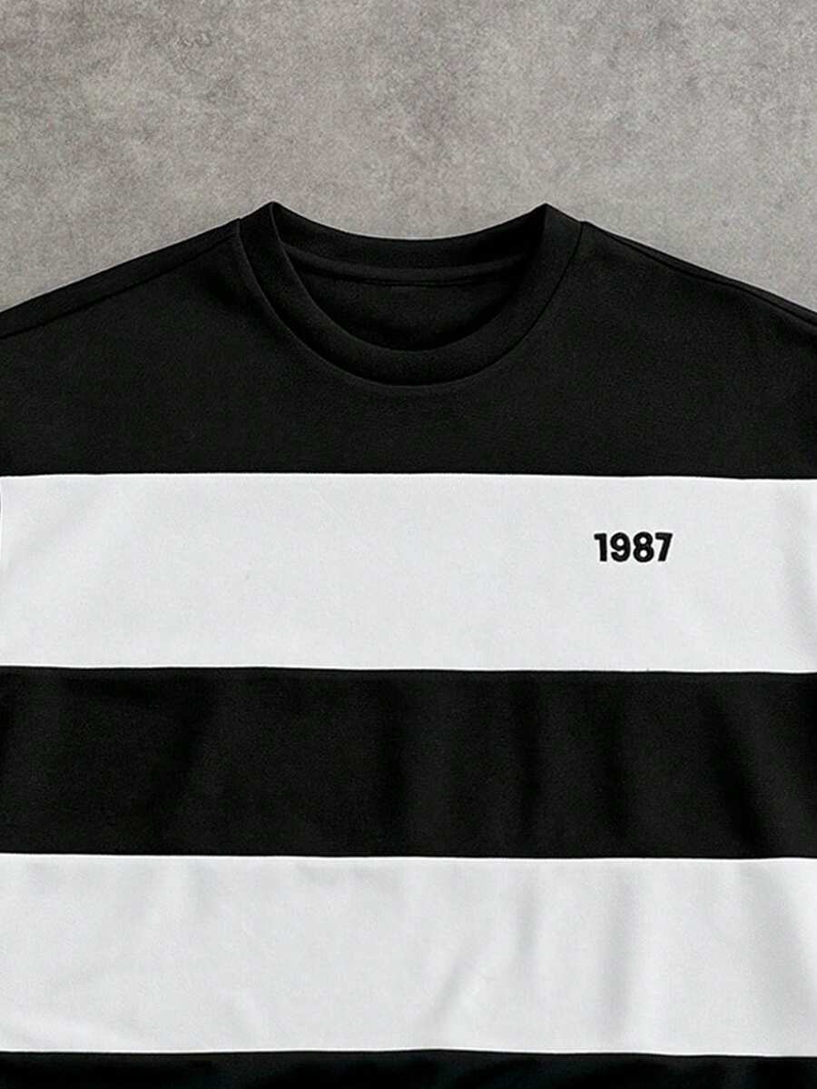 SWAVVY Men's Casual Colorblock Striped Short Sleeve T-Shirt, Summer,Comfortable - Black and White - View 1