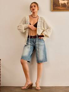 CasuGlow Spring Chic Lightweight Hollow-Out Knit Cardigan With V-Neck Tie Front, Slouchy Sleeves And Soft Breathable Texture For Effortless Feminine Layering - White - View 6