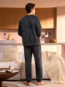 Manfinity Underwear&Sleepwear Basics Fleece Crew Neck Embroidered Long Sleeve & Long Pants Men's Pajama Set, Winter - Dark Grey - View 2