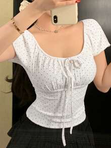 DAZY Women's Polka Dot Twist Fitted Casual Daily Short Sleeve T-Shirt - White - View 4