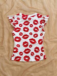 Soleia Women's Lip Print Bandeau Top, Fashionable Versatile With Flutter Sleeves,Summer, Festival, Graduation,Vacation,Work, Beach,Summer Top - Multicolor - View 2